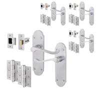 EAI Satin Door Handle Latch Set - Victorian Scroll Shaped | 4 Pairs of Internal Satin Chrome Lever Latch Handles on Backplate with Hinges (76mm) & Latches (64mm)