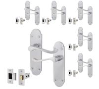 EAI Satin Door Handle Latch Set - Victorian Scroll Shaped | 6 Pairs of Internal Satin Chrome Lever Latch Handles on Backplate & Latches (64mm)