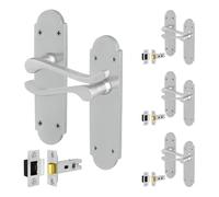 EAI Satin Door Handles with Latch, 4 Pairs Internal Satin Chrome Victorian Scroll Shaped Backplate, Latch 64mm
