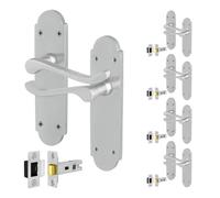 EAI Satin Door Handles with Latch, 5 Pairs Internal Satin Chrome Victorian Scroll Shaped Backplate, Latch 64mm
