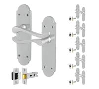 EAI Satin Door Handles with Latch, 6 Pairs Internal Satin Chrome Victorian Scroll Shaped Backplate, Latch 64mm