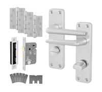 EAI Satin Fire Door Handle, Bathroom Lock and Hinge Kit for Fire Doors, Aluminium Handle on Backplate Contract Style, Satin