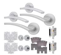 EAI Satin Fire Door Handle Bathroom Set, Satin Chrome Internal Fire Rated Door Handle with 80mm Lock and 102mm Hinges - 2 Pack Elson Range