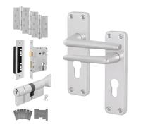 EAI Satin Fire Door Handle, Euro Cylinder Lock and Hinge Kit for Fire Doors, Aluminium Backplate Handle Contract Style, Satin