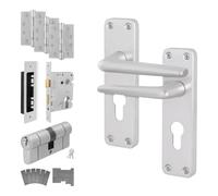 EAI Satin Fire Door Handle, Euro Cylinder Lock and Hinge Kit for Fire Doors, Aluminium Backplate Handle Contract Style, Satin