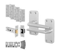 EAI Satin Fire Door Handle, Latch and Hinge Kit for Fire Doors, Aluminium Handle on Backplate Contract Style, Satin Finish