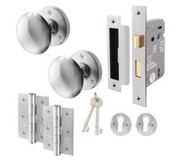 EAI Satin Key Lock Door Knob Set - 1 Pair of Satin Chrome Victorian Mortice Knobs (55mm), Sash Lock (80mm) & Hinges (76mm)