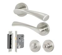 EAI Satin Nickel Door Handles with Bathroom Lock 80mm, Hinges - Novoli
