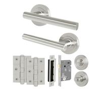 EAI Satin Nickel Door Handles with Bathroom Lock 80mm, Hinges - Oliena