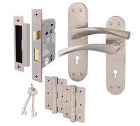 EAI Satin Nickel Door Handles with Sash Lock 80mm and Hinges - Novoli
