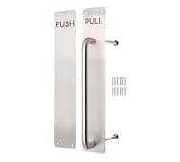 EAI Satin Push Pull Handle on Plate, 475 x 75mm Commercial Handle on Finger Plate Satin Stainless for Schools, Offices, Shops & More