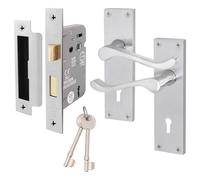 EAI Satin Victorian Scroll Door Handle Key Lock Set | 1 Pair of Satin Chrome Internal Lever Lock Handles on Backplate with Sash Lock (64mm) & Keys
