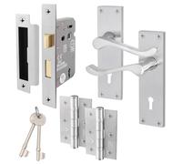 EAI Satin Victorian Scroll Door Handle Key Lock Set | 1 Pair of Satin Chrome Internal Lever Lock Handles on Backplate with Hinges (76mm), Sash Lock (64mm) & Keys