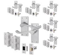 EAI Satin Victorian Scroll Door Handle Latch Set | 6 Pairs of Satin Chrome Internal Lever Handles on Backplate with Hinges (76mm) & Latch (64mm)