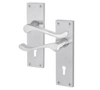 EAI Satin Victorian Scroll Door Handles for Key Lock | 1 Pair of Satin Chrome Internal Lever Lock Handles on Backplate