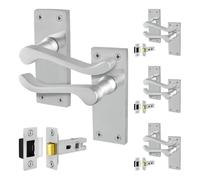 EAI Satin Victorian Scroll Latch Handle Set, 4 Pairs Satin Chrome Internal Lever Door Handles on Backplate and Latch 64mm