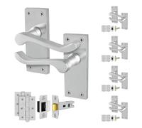 EAI Satin Victorian Scroll Latch Handle Set, 5 Pairs Satin Chrome Internal Lever Latch Handles on Backplate, Latch 64mm, Hinges