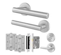 EAI Stainless Steel Door Handles, Bathroom Lock 80mm and Hinge Kit, Satin T-Bar Lever on Round Rose Handles - Vuno Range