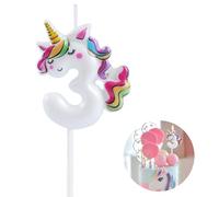 EAKE Unicorn 3 Birthday Candle Topper, 3D Dynamic White Number 3 Candle with Vivid Rainbow Color, Non-Toxic, Smokeless, Themed
