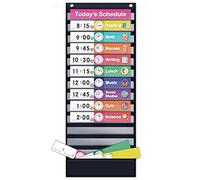 Eamay Daily Schedule Pocket Charts, Teaching Chart, Hoom, Eamay Daily Scheduling Pocket Chart with 13+1 Pockets, 18pcs Dry Erase Cards and 2 Hooks (Black-2)