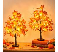 EAMBRITE 2 Pack 22" Lighted Maple Tree Fall Decor, Fall Tree with Lights Thanksgiving Decorations,24 LED Artificial Tree Battery Operated Centerpiece Table Decorations for Home Party Autumn Decor