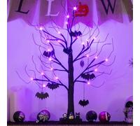 EAMBRITE 2FT Black Halloween Tree with Bats Purple Lights Battery Operated Spooky Decorations Indoor Small Twig Tree Gifts for Kids