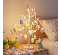 Eambrite Easter Tree with Colourful Eggs & Bunny White Twig Tree Battery Operated with Timer Easter Decorations Indoor for Home Table Decor