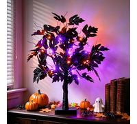 Eambrite Halloween Tree Lights with Black Leaves Halloween Decorations | 24 Orange Purple LEDs, Battery Powered Timer Tabletop Spooky Tree Indoor Home Halloween Decor
