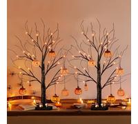 Eambrite Halloween Tree Lights with Pumpkin Ornaments, Black Twig Tree with 24 Orange LEDs Battery Operated, Light up Halloween Decorations Indoor Party Decor (60cm/2FT, Set of 2)