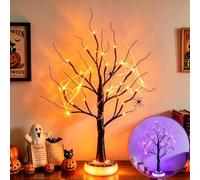 EAMBRITE Halloween Tree Rechargeable Lights Indoor Halloween Decorations | 24 Orange Purple Bi-Colour Lights, Tabletop Spooky Tree Glowing Base Spider Web Print, 5 Modes Lighting, Timer Home Decor
