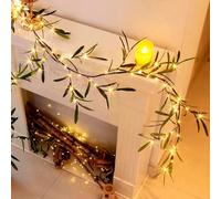 EAMBRITE Lighted Artificial Olive Garland, 1.8m Christmas Garland with 72 Warm White Lights, Battery Operated with Timer, Flexible Vine Twig Lights for Indoor Holiday Fireplace Home Decor