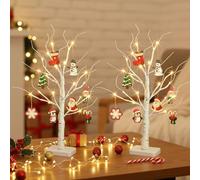 EAMBRITE Set of 2 Twig Tree with Lights Christmas Decorations, Small Christmas Tree Birch with christmas Ornaments, Battery Operated Christmas Decorations Indoor Timer for Xmas Home Party Decor