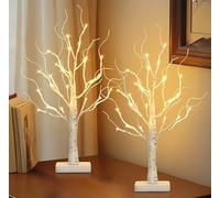 EAMBRITE Set of 2 White Twig Tree with Lights, Prelit Small Christmas Tree, Christmas Tabletop Decorations Indoor for Home Wedding Fireplace Decor (Warm White/Battery)