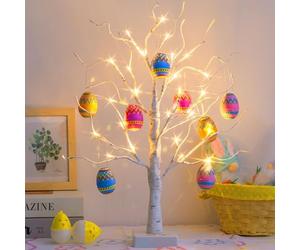 EAMBRITE White Easter Tree with Colourful Fillable Eggs Battery Operated Twig Tree with Lights Easter Gifts for Children (60cm/2ft)