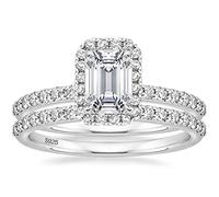 EAMTI 2CT 925 Sterling Silver Bridal Ring Sets Emerald Cut CZ Engagement Vintage Promise Rings Wedding Bands for Women Size 3-12, Silver, Cubic Zirconia