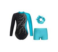 Eandarui Gymnastics Leotards Set for Girls Long Sleeve Leotard with Short Headband Sparkly Ballet Dancing Skating Outfit Lake Blue 7-8 Years