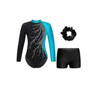 Eandarui Gymnastics Leotards Set for Girls Long Sleeve Leotard with Short Headband Sparkly Ballet Dancing Skating Outfit Lake Blue&Black 7-8 Years