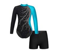 Eandarui Gymnastics Leotards Set for Girls Long Sleeve Leotard with Short Sparkly Ballet Dancing Skating Unitards Outfit Lake Blue 13-14 Years