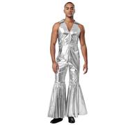 Eandarui Men's 70s 80s Disco Prom Sparkle Flare Jumpsuit Party Costume for Halloween Cosplay Silver XL