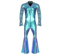 Eandarui Mens Diva Disco Costume 70s Fancy Dress Outfit Metallic Bell Bottom Pants Dance Jumpsuit Clubwear Blue XL