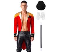 Eandarui Mens Velvet Jacket Ringmaster Costume Showman Ringleader Lion Tamer Tailcoat Halloween Uniform Set Red M