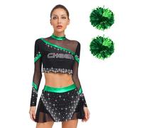 Eandarui Womens 3pcs Cheer Leader Costume Shiny Rhinestone Halloween Cheerleading Outfits Crop Tops With Skirts And Hand Flower Green XXL