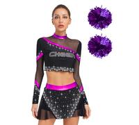 Eandarui Womens 3pcs Cheer Leader Costume Shiny Rhinestone Halloween Cheerleading Outfits Crop Tops With Skirts And Hand Flower Purple XXL