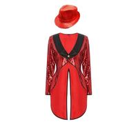 Eandarui Women's Circus Ringmaster Jacket Shiny Sparkling Sequin Showman Tailcoat Costume Red L