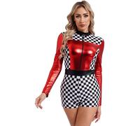Eandarui Women's Racing Driver Costume Long Sleeve Back Zipper Closure Slim Fit Grid Chessboard Jumpsuit Red M