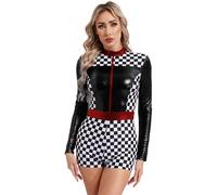 Eandarui Women's Racing Driver Costume Long Sleeve Back Zipper Closure Slim Fit Grid Chessboard Jumpsuit Black XL