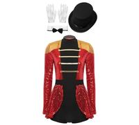 Eandarui Womens Sequin Leotard Circus Halloween Cosplay Costume Adults Ravishing Ringmaster Costume Set Red 3XL