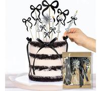 Eanjia Black Bow Cake Topper Set 16pcs | Pre-Tied Ribbon & Paper Bows Vintage Candles & 1 Birthday Candle,Silver Foil Firework Picks forBirthday Cake Decor No Need DIY Great for IG TK Photo Shoots