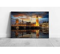 EAPoster The Westminster Palace Big Ben Reflecting In The River Thames At Sunset London UK Wall Art Print on Paper Framed Picture print Brown Frame 20x16In (51x41cm)