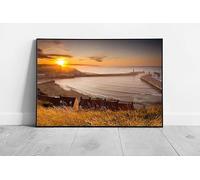 EAPoster Whitby Harbour at sunset Dusk Coastal landscape North sea Ready to Hang Wall Art Print Framed Picture print Black Frame A4 (30X21cm)